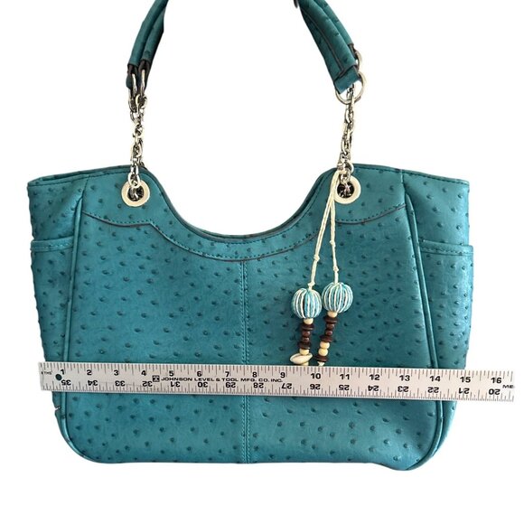 Teal Simulated Ostrich Faux Leather Shoulder Bag With Chain Handles - Picture 7 of 13